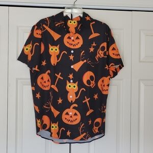 Mens Halloween Button Down Short Sleeve Shirt Size M Black Orange